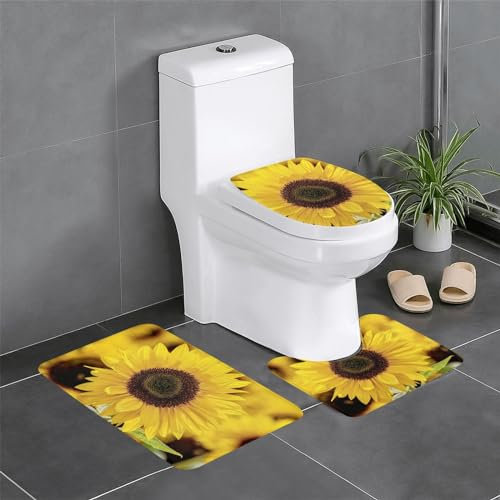 TRESILA 3-teiliges Badematten-Set, rutschfest, Badezimmermatte, WC-Vorleger, Teppich, Flanell, Bodenmatte, Druck, Türmatten, gelbe Sonnenblumen