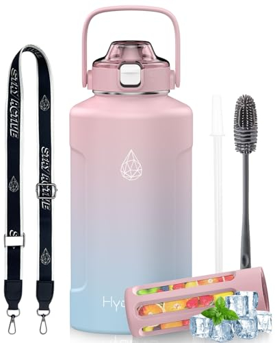 HYDRO H2O 64oz Half Gallon Fruit Infuser Insulated Stainless Steel Water Bottle Jug, 48H Cold & 24H Hot, Large Capacity for Travel Hiking Mountain Climbing Pink-Blue Gradient