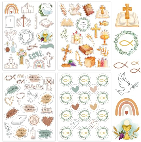16 Bögen Sticker Kinder Aufkleber Set - ideal zum Kommunion, Konfirmation, Taufe - Stickerbögen für Gästebuch Fotoalbum - für Mädchen und Junge