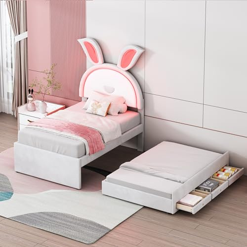 WIZBED Mädchenbett Polsterbett 90 x 200 mit Ausziehbett, 3 Schublade, L-E-D, Hasenform Kopfteil, Samtstoff Kinderbett Jugendbett Funktionsbett Einzelbett umbaubar, ohne Matratze,Beige