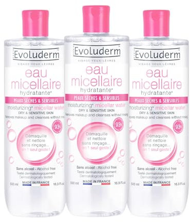 EVOLUDERM - Eau Micellaire Démaquillante Peaux Sèches & Sensibles – 500 ml - 93% d'Origine Naturelle - Végan - Fabrication Française - Lot de 3 x 500 ml