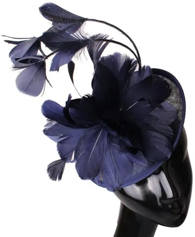PJQUEKAIPJ Fascinator für Damen, Sinamay-Imitat, mit Feder, Haarschmuck, Vintage, Cocktail-Kopfschmuck, Rosa, dunkelblau, ABOUT 30CM