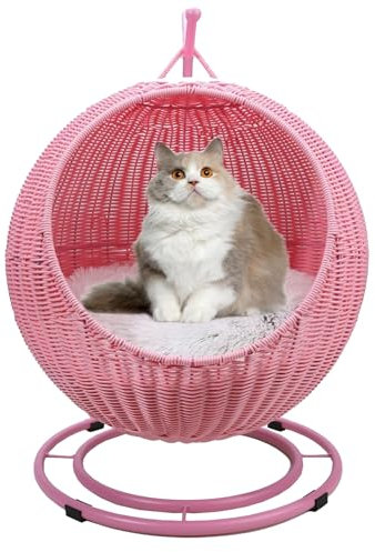 QLXYYFC Hanging Basket Cat Swing Bed,Wicker Cat Bed Indoors & Outdoors, with Removable Cushion & Hanging Ball, for Sleeping, Playing, Climbing, and Lounging (Color : Roze, Size : 43cm X 66cm)