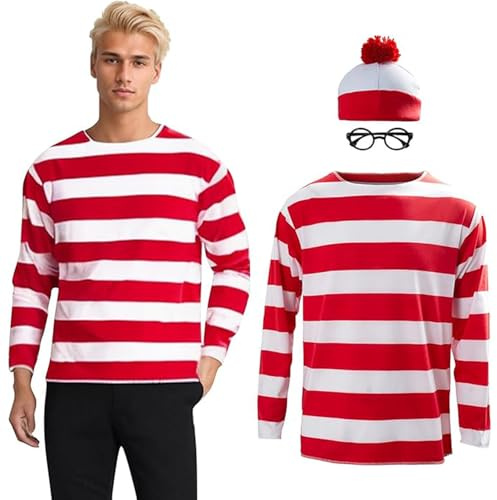Seaehey Maglietta a Maniche Lunghe a Righe Rosse e Bianche, Camicia Felpa Con Occhiali e Berretto, Costume Cosplay Halloween Party Dress per Adulti, Colore: Rosso, L