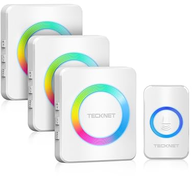 TECKNET Funkklingel, Kabellose Türklingel IP65 Wasserdicht Außen Funkklingel, 400m Reichweite, Funk klingel Set mit 3 Plug-In-Empfänger und 1 Sender, Haustür Klingel mit 60 Melodien und RGB Licht