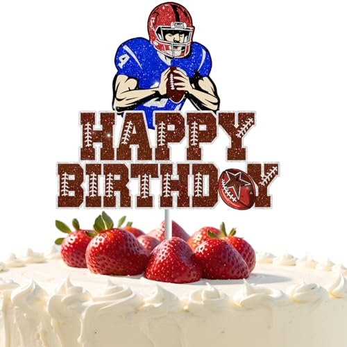 Football Cake Topper for Boys Men Happy Birthday Sport Rugby Athletes Helmets Cake Decoration Brown Glitter American Football Themed Party Decorations Supplies Favor