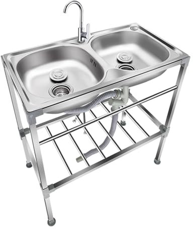 Fregaderos De Cocina De Dos Senos Fregadero Independiente De Acero Inoxidable Para Uso Al Aire Libre, Fregadero De Comercial Fregadero Móvil Para Lavandería Camping (75x40x83cm)