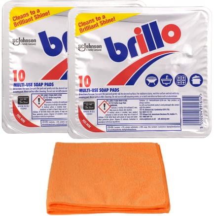 2X Brillo Soap Pads - 2 X10 Pads- Multi-Purpose Kitchen Washing Soap Pads Scourer for Pans, Pots, Cookers - with Microfibre Cloth
