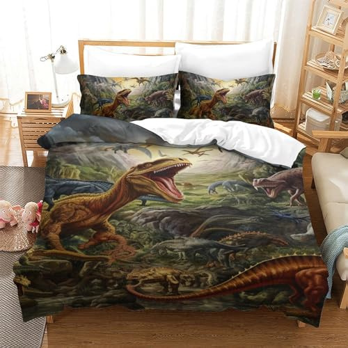 RNDKAUUIE Dinosaurie 3D-tryckt påslakanset 3 delar sängtäcke set mjuk mikrofiber med blixtlåsstängning, örngott för barn flickor pojkar vuxna sovrum singel (140 x 200 cm)