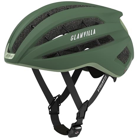 GLAMVILLA Rennradhelm für Damen und Herren City Trekking Fahrradhelm Professioneller Wettkampf Ultra Leichter belüfteter Fahrradhelm mit Skelett Magnetschnalle (DunkelGrün, L)