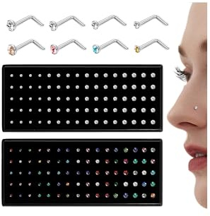 Chriscoco 80-160Pcs 20G Piercing Nez Acier Chirurgical Droit/en Forme de L pour Femme et Homme Hypoallergénique Piercing pour Lèvre Tragus Labret Bouche 1.5/2/2.5/3 mm CZ,H