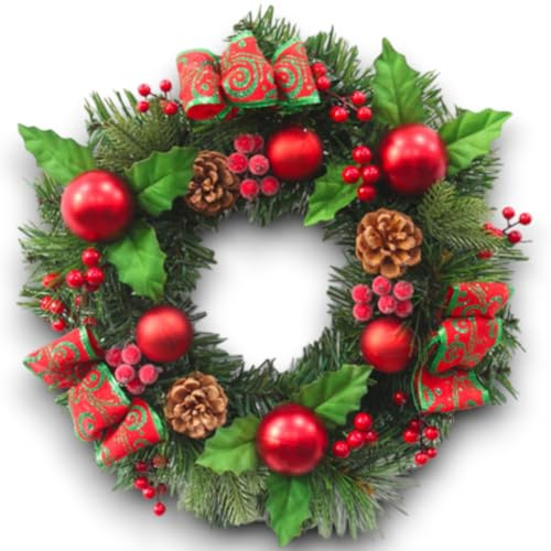 Ghirlanda Natalizia Addobbata Completa da 30 cm con 45 Punte – Corona di Natale con Palline Rosse, Bacche, Pigne e Fiocchi – Dietroporta aghi di pino, Pareti e Decorazioni Natalizie Fuoriporta