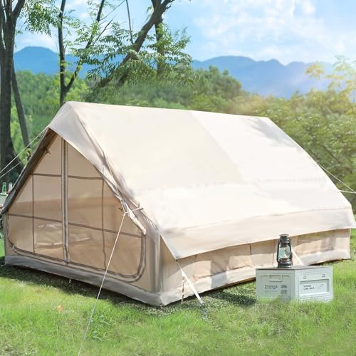 Aufblasbares Campingzelt für 2-4 P, 6.3㎡/12㎡ Großes Outdoor Zelt mit Luftpumpe & Mesh Fenster & Türen, 420D Oxford Wasserdicht 2500mm & UV50+ für 4 Jahreszeiten, 5 Min Schneller Aufbau (400x300x210cm)