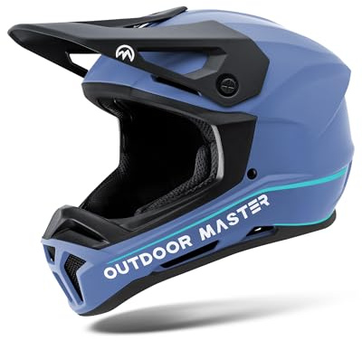 OutdoorMaster Full Face Mountain Bike Helmet for Men & Women - Durable, Impact Resistant, Ventilated, Adjustable Visor - Downhill Race BMX MTB Helmet - Blue, L