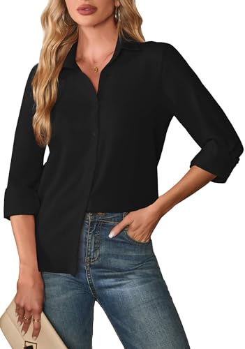 FaerieFlair Womens Blouses Casual Long Sleeve Shirts V Neck Button Down Tops Office Work Business Casual Formal Clothes Tunic Outfits Black 10 12 M