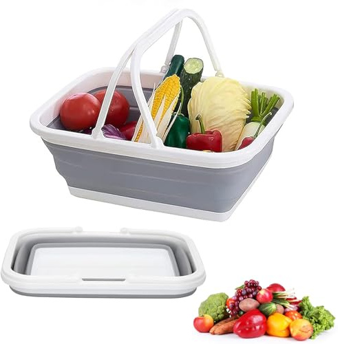 BAOSROY Cesta Plegable para Camping y Picnic, Cesta Picnic Plegable con Asa, Cesta de Pícnic Portátil, Cesta Plegable de Picnic para Acampar Aire Libre, Accesorios Camping, Gris Y Blanco, Plástico