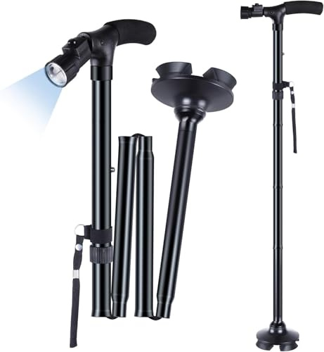 Bastón con luz LED – Bastón plegable ajustable para personas mayores, hombres y mujeres, ligero y portátil con correa y bolsa, mango antideslizante para viajes nocturnos, senderismo y apoyo diario