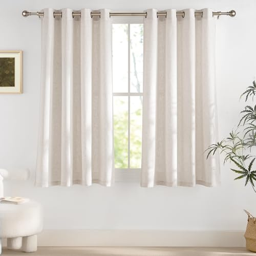 PONY DANCE Dichte Leinen Gardinen Halbtransparent Kurze Vorhänge für Schlafzimmer 2er Set H 160 x B 140 cm Hellcreme, Leinenvorhang mit Bronzenen Ösen Boho Style Curtains (250g/m²)