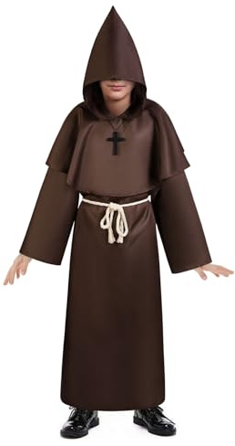 AUYAO Moine Robe Friar et Prêtre pour Enfants, Deguisement Moine avec Ceinture et Croix, Costume de Prêtre Renaissance Cape à Capuchon Longue pour Carnaval Cosplay Halloween