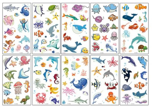 OUDQFCJ 10 Pezzi Tatuaggi Temporanei Luminosi, Stile Oceano con Delfini e Meduse, tatuaggi per bambini e gadget compleanno bambini, per Bambini e Ragazzi, per Regalini Fine Festa Compleanno