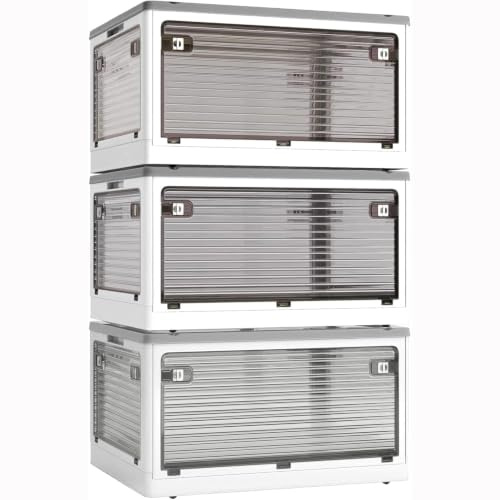 Roqao 3 Pack Aufbewahrungsboxen mit Deckel 84L Kunststoffboxen mit Rollen | Zusammenklappbare Kisten Aufbewahrung Transparent Storage Boxes mit Fünf Türen Stapelkisten Lagerboxen Weiß (60×42×100cm)