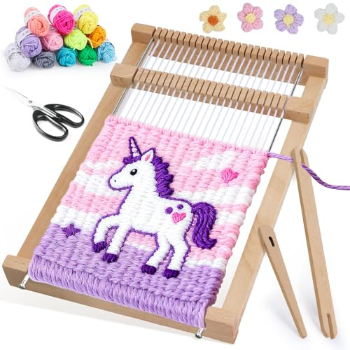 BSTDAYEVER Telaio per Tessitura in Legno Telaio per Bambini Telaioi per Tessitura a Cornice 19x29cm Craft Telaioi per Tessiture Quadrato Contiene 12 Colori di Filato per Principianti e Bambini