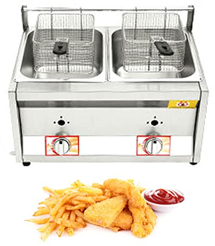 Friggitrice a gas GPL da banco commerciale, doppio serbatoio, con cestini e coperchio da 10 litri, in acciaio inox, grande capacità, propano per patatine fritte, cucina di casa o ristorante