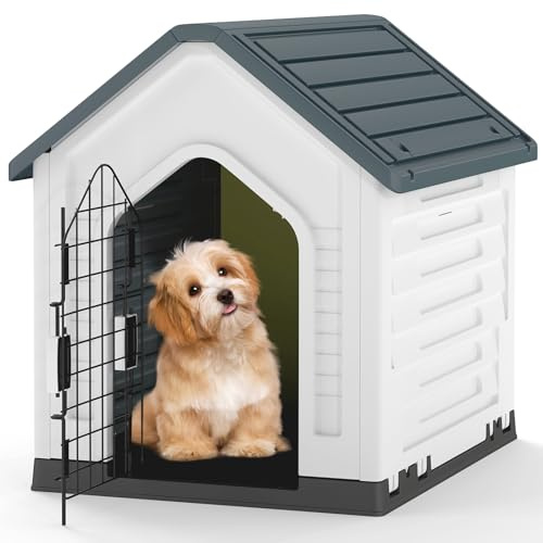 GOPLUS Niche pour Chien Exterieur 67×52×60 CM, Cabane Chien Exterieur en PP Imperméable avec Porte Grillagée Verrouillable, Toit Incliné et Plancher Surélevé, Aérations à Côtés, Abri Chiot (Gris)