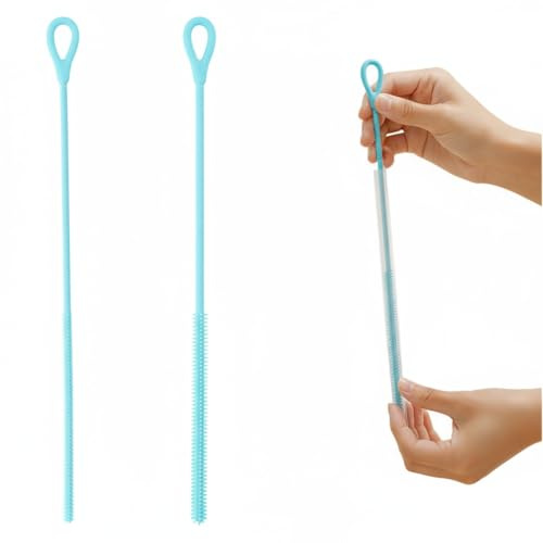2 pcs Silicone Long Straw Cleaner Brush Small Bottle Brush Non-slip Handle Soft Bendable Reusable Cleaning Tool for Metal Glass Plastic Straw & Bendable Pipe 6mm 9mm Blue