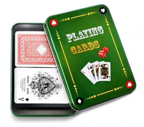 Generico Carte da Gioco Formato Poker, 2 Mazzi Plastificati in Scatola di Latta, Burraco Scala 40 Texas Hold’em