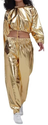 Alien Kostüm Damen Langarm Glänzend Metallic Jogginganzug Glitter Crop Top Hose Zweiteiler 2-Teilig Space Girl Kostüm Hip Hop Faschingskostüme 80er Jahre Disco Party Set