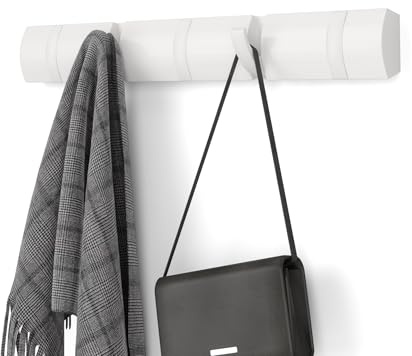 Umbra Flip Coat Rack, Wall Mounted 5-Hook Space Saving, White | Real wood and steel build, retractable hooks fold flat, holds coats bags and scarves, easy install