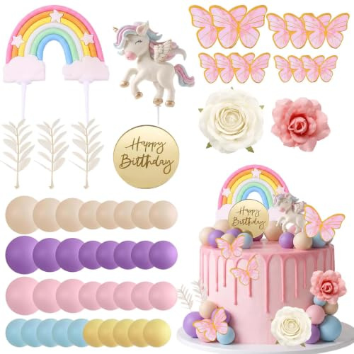 Unicorn Cake Topper 53PCS Unicorn Rainbow Pink Arch Cake Decorations Artificial Dried Flower Cake Insert Decoration Colorful Ball Cake Topper for Birthday Baby Shower Christmas Party
