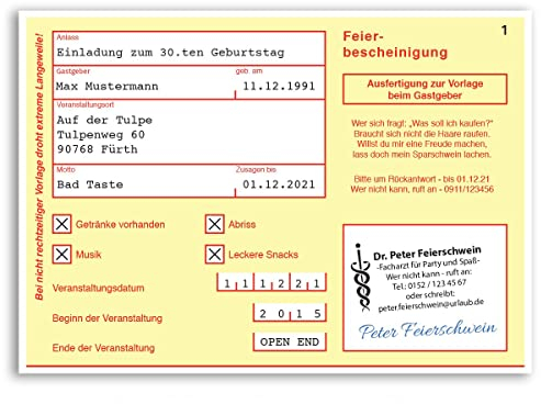 gestaltenlassen.com (30 x) Einladungskarten Geburtstag Krankschreibung Krankmeldung Arbeitsunfähigkeit Einladungen