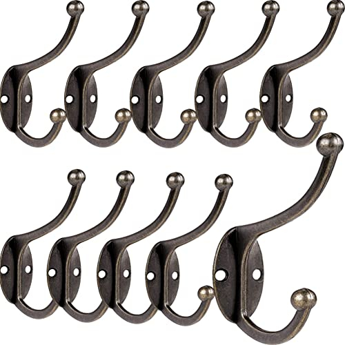 Bosdontek 10 ganci doppi per accappatoio in metallo stile retrò doppio appendiabiti per bagno, camera da letto, porta, parete con 10 viti (Bronze)