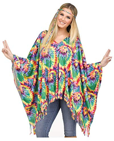 Horror-Shop Bunter Hippie Poncho mit Haarband für Flower Power Motto Party & Karneval
