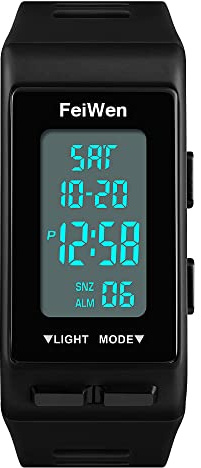 FeiWen Unisex Digital Uhren Outdoor Sport Multifunktional Rechteck Plastik Herren und Damen Armbanduhren mit Kautschuk Band LED Doppelte Zeit Alarm Countdown, Schwarz