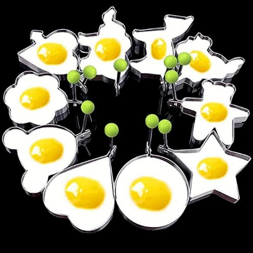 Fried Egg Mold Ring Set of 10 - Stainless Steel Non-Stick Egg Shaper Ring with Silicone Pastry Brush and Egg Separator, Kitchen