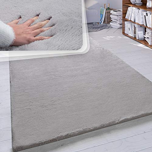 Paco Home Hochflor Teppich Wohnzimmer Schlafzimmer Shaggy Modern Flauschiger Fellteppich Weich Fell Imitat Kunstfell Einfarbig, Grösse:80x300 cm, Farbe:Grau