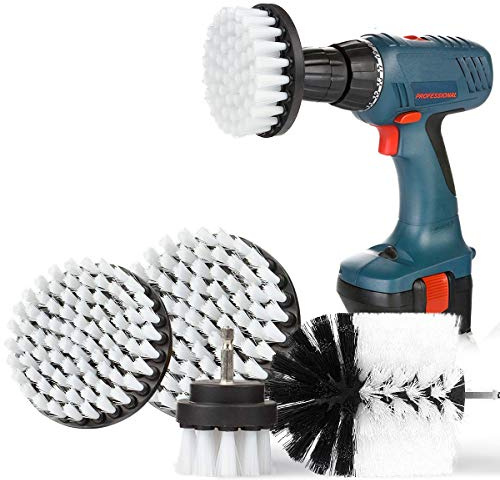 SAFETYON Bürstenaufsatz Bohrmaschine Set 4 Stück, Bürste für Akkuschrauber weiche Borste 2''/3.5''/4''/5'' Akkubohrmaschine Befestigung Reinigungsbürste Bohrerbürsten für Autositze Teppich Leder Weiß