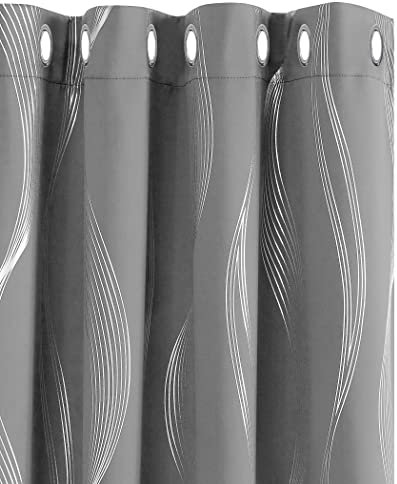 Deconovo Blackout Curtains Silver Wave Line Foil Printed Thermal Insulated Eyelet Curtains for Living Room 52 x 63 Inch Grey 2 Panels