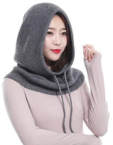 BeFur Kapuzenschal Mütze für Damen Warme Unisex Balaclava Pullover Strickmütze mit Kordelzug Outdoor Sports Dunkelgrau