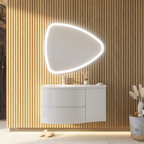 Kiamami Valentina Mobile Bagno Sospeso 105 Cm Bianco Lucido Specchio Led | Composizione con lavabo in resina, 2 cassetti, 1 anta, specchio goccia 100x85 cm retroilluminato, frontale curvo