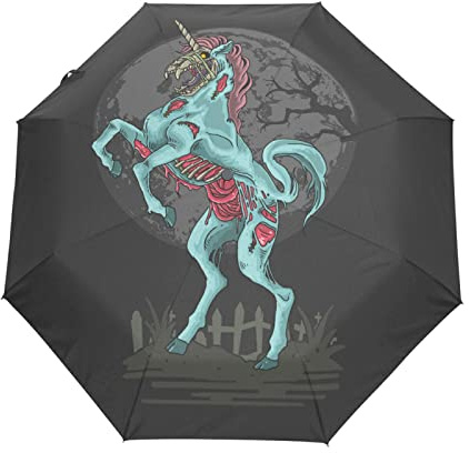 Einhorn Zombie Pferd Mondnacht Regenschirm Automatik Auf-Zu Taschenschirm Umbrella Kompakt Schirme für Jungen Mädchen Strand Frauen