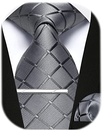 Enlision Herren grau karierte Krawatte und Einstecktuch mit Krawattenklammer Set Business Hochzeit für Herren Krawatte & Einstecktuch & Krawattennadel Sets,Grau