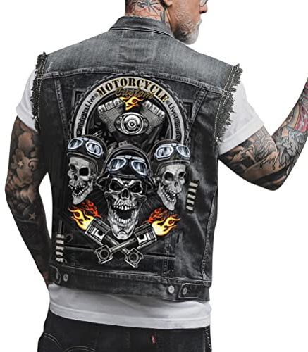 ORANDESIGNE Chaleco de Mezclilla de Hombre Chaqueta Sin Mangas Chaleco con Estampado de Calavera Punk Chaleco Vaquero Lavado Chaqueta Corta de Moto U Negro XL