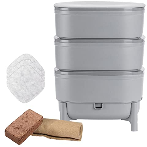 WORMcube Grau Design & Compact I 3-Etagen-Wurmkomposter I Komplett-Set I Stoppfilter zum Ertrinken von Würmern