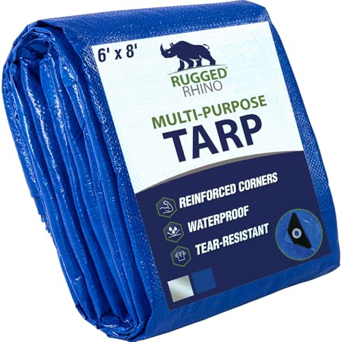 RUGGED RHINO Heavy Duty Waterproof Tarp, UV and Tear Resistant Cover with Reinforced Grommets and Corners, Outdoor Multipurpose Tarps for Camping, Patio, Garden, Car & Roof, 5 Mil, 6x8, 1 Pack, Blue