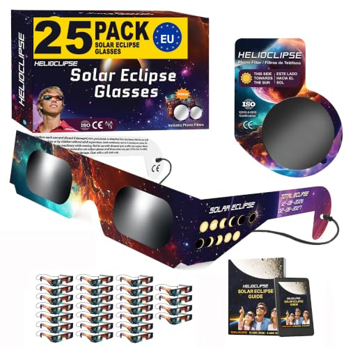 Helioclipse 25 Pack Solar Eclipse Glasses 2026 - Trusted for Direct Solar Eclipse Viewing - Iso 12312-2 & Ce Certified - Bonus 5x Phone Filter