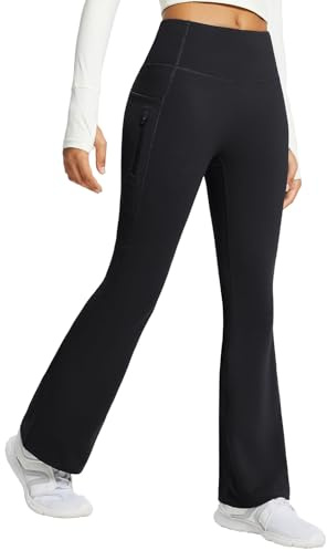 baleaf Women's Fleece Lined Flared Leggings Thermal Trousers with Pockets Walking Yoga Pants Water Resistant High Waisted Bootcut Bootleg Black M